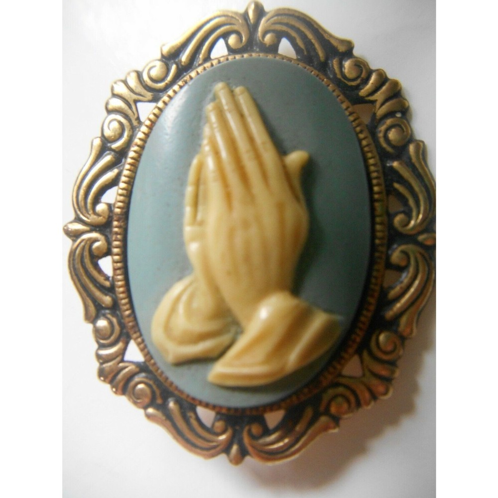 Vintage Religious Praying Hands Plastic Cameo Metal Setting